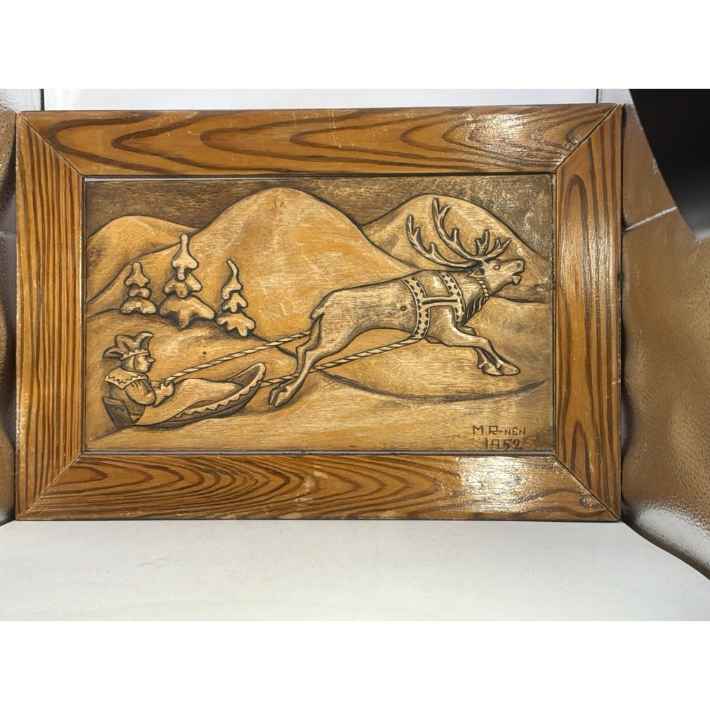 Vintage Scandinavian Wood Carving Relief Of Reindeer Pulling Sami Person On Sled